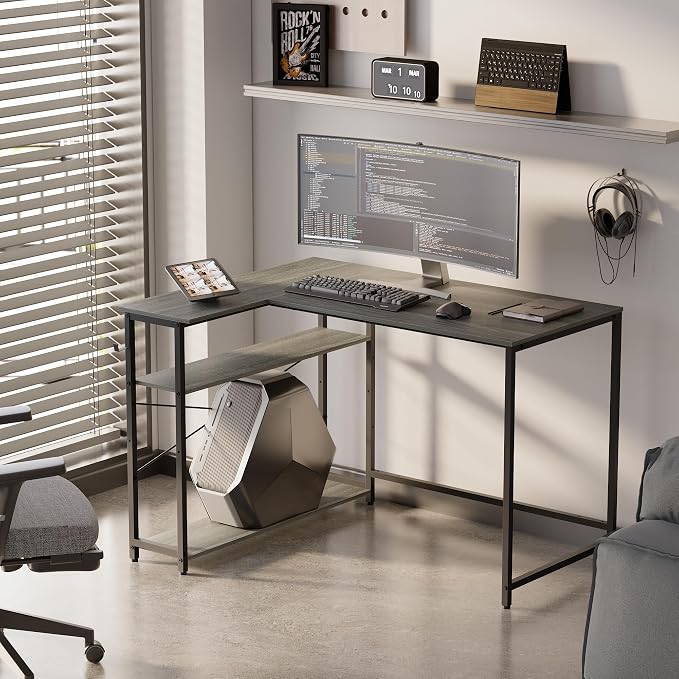 Pamray 43 Inch L Shaped Computer Desk with Reversible Side Storage Shelves, Small Corner Desk for Small Space Home Office,Writing Study Table PC Desk for Bedroom,Espresso Gray - Image 2