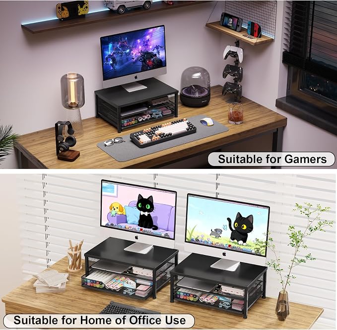 OPNICE Computer Monitor Stand Riser, Desk Organizer with Drawer, Printer & Laptop Stand, Office Desk Accessories & Workspace Desktop Organizers Storage for Office Supplies(Black 2-Pack) - Image 3