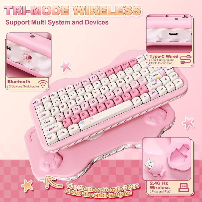 YUNZII C75 Cute 75% Wireless Mechanical Keyboard (Pink, Candy Switch) | Creamy Cake Keyboard, BT5.0/2.4G/USB-C, Hot-Swap, NKRO, PBT MOA Keycaps,5500mAh RGB Gasket Mount for Mac/Win/Gaming/Office - Image 3