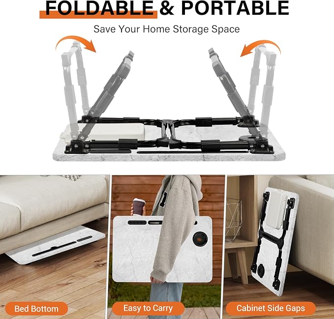 Lap Desk for Bed, Adjustable Laptop Desk with USB Charging Port, Storage Drawer & Bookshelf — Foldable Bed Desk for WFH & Students, 23.6" Desktop Fits 19" Laptop, Non-Slip, Light Stone Texture - Image 7