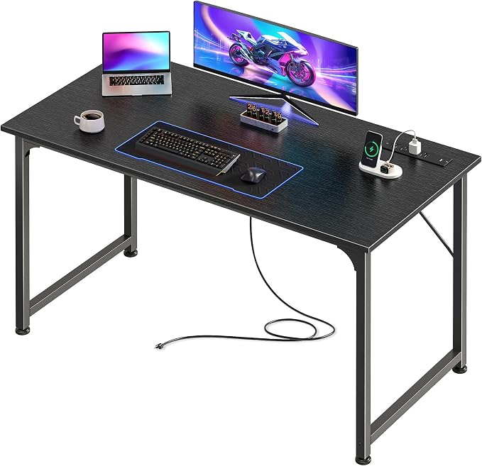 PRAISUN 40 X 20 Inch Computer Desk, Power Outlets, USB-C, Black | Office Desk with 4 AC Outlets, USB & USB-C, Sturdy Metal Frame, Spacious Desktop for Work, Writing, Study & Gaming by PRAISUN