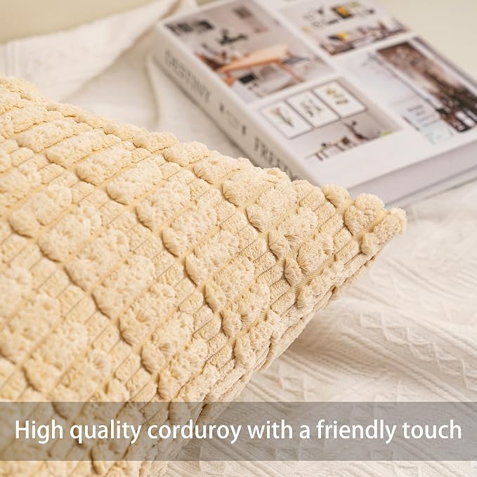 Aegero Pack of 2 Corduroy Decorative Throw Pillow Covers 12x20 Inch Soft Striped Pillow Covers Modern Farmhouse Home Decor for Sofa Living Room Couch Bed（Light Brown） - Image 2