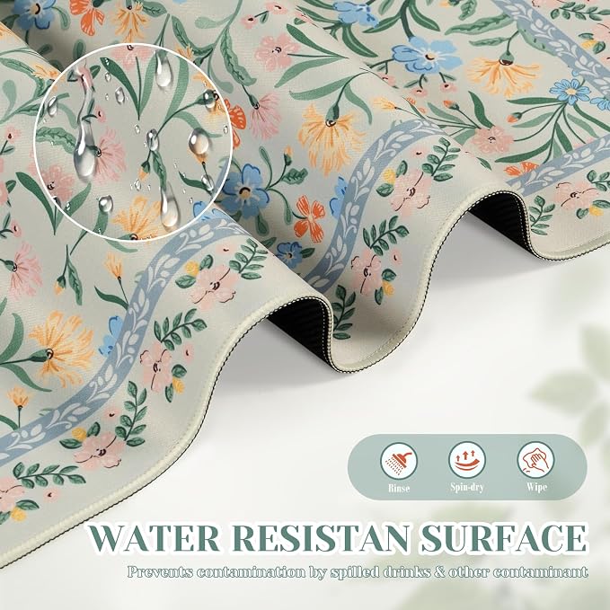 iCasso Aesthetic Flower Mouse Pad,23.6x13.7in, Green Floral | Desk Pad Mat, Desk Matt for Desktop Anti-Slip Mousepad with Stitched Edges for Laptop Computer Keyboard - Image 5