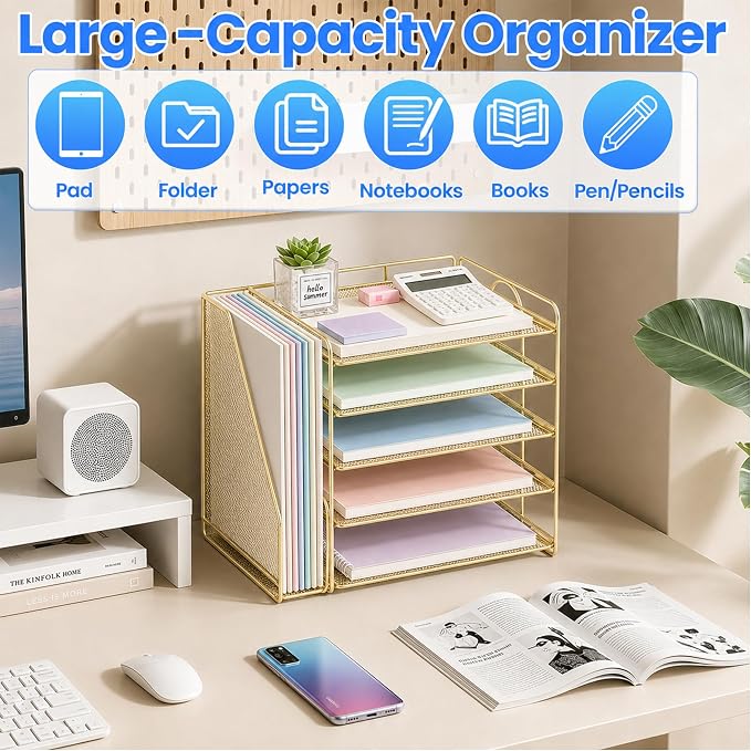 OPNICE Desk Organizer, 5-Tier Paper Organizer Letter Tray with Magazine Holder, Office Desk Accessories & Workspace Organizers, Desktop File Organizer for Office Supplies Storage, Gold - Image 4