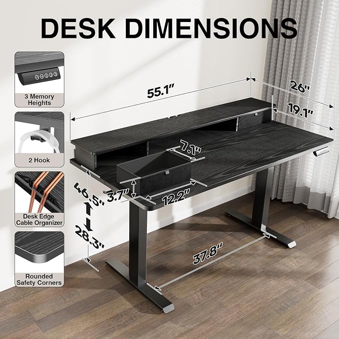 Veken 55x26 in Electric Standing Desk with Drawers, Adjustable Table, Black | Stand up Computer Desk for Home Office, Work & Study, with Storage, 3 Memory Presets, Cable Organizer, Hook, and Quiet Lift. - Image 3
