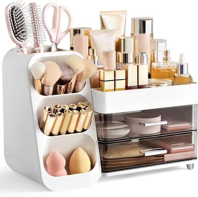 HBlife Makeup Organizer with Brush Holder for Vanity, Large Plastic Bathroom Countertop Organizer Skin Care Storage, Easy to Store Lipsticks, Nail Polishes, Perfumes, Eyeshadow Palettes, White by HBlife