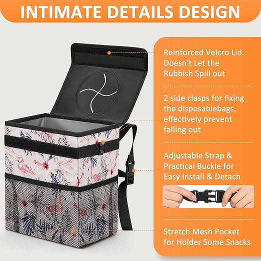 Vankor Cute Car Trash Can, Car Accessories for Women Interior Can Trash Bag Hanging Automotive Garbage Cans Pink Flamingo - Image 4