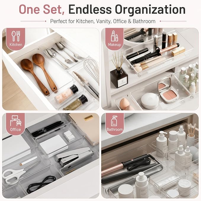 8 Pack Large Clear Plastic Drawer Organizer Bins - Acrylic Bathroom Drawer Organizer Trays - Heavy Duty Kitchen Drawer Dividers for Utensils - Non-Slip Storage Bins for Makeup, Bedroom, Office Desk - Image 8