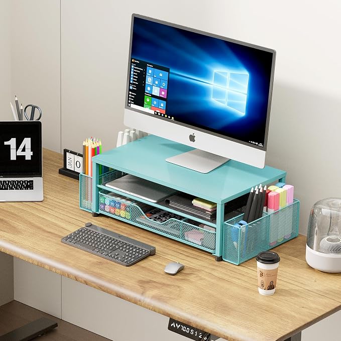 OPNICE Desk Organizers and Accessories, 2-Tier Computer Monitor Stand Riser with Drawer and 2 Pen Holders, Laptop Stand, Office Desk Accessories for Office Supplies, Teal Blue - Image 7