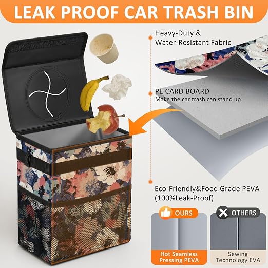 Vankor Car Trash Can for Car Cute, Trash Bag Bin Hanging Waterproof Automotive Garbage Cans Leak Proof Vehicle Trash Can Painting Floral - Image 3