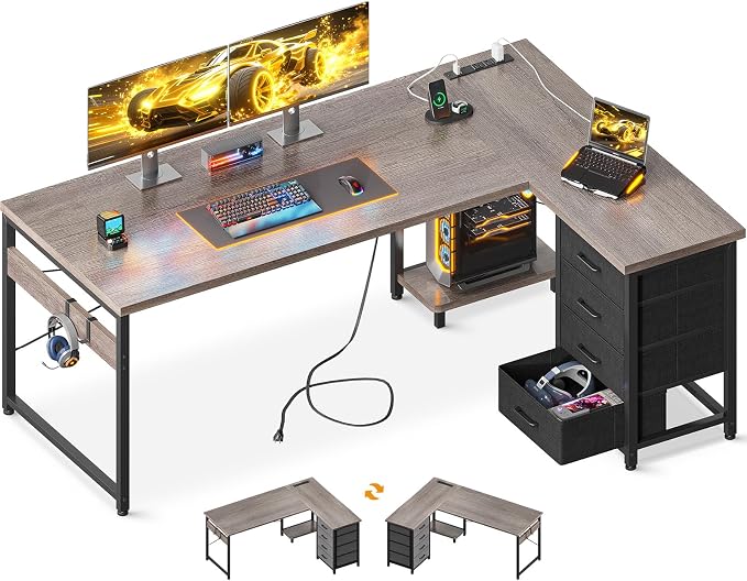 AODK 61" L Shaped Gaming Desk with 4 Drawers and Power Outlets, Grey | USB Ports, PC Tower Stand, Hooks, Reversible Corner Layout for Gaming Rooms, Bedrooms and Home Office by AODK