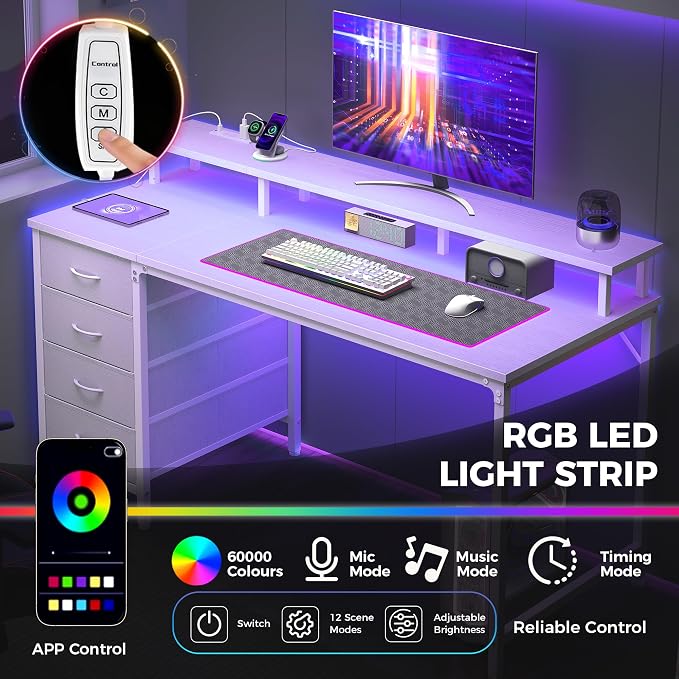 DUMOS 47-Inch Gaming Desk with Power Outlets and LED Lights, White | Computer Desk with 4 Storage Drawers, Home Office Desk with Monitor Stand, Small Desk for Bedroom Study - Image 4