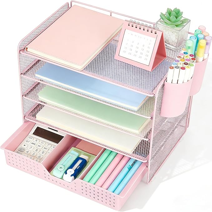 LEKETREE Desk Organizers and Accessories, 5-Tier Paper Letter Tray Organizer with Drawer & 2 Pen Holders, Desktop Organizer for Office Supplies (Pink) by Stylishworkspaceeffortlessorganization
