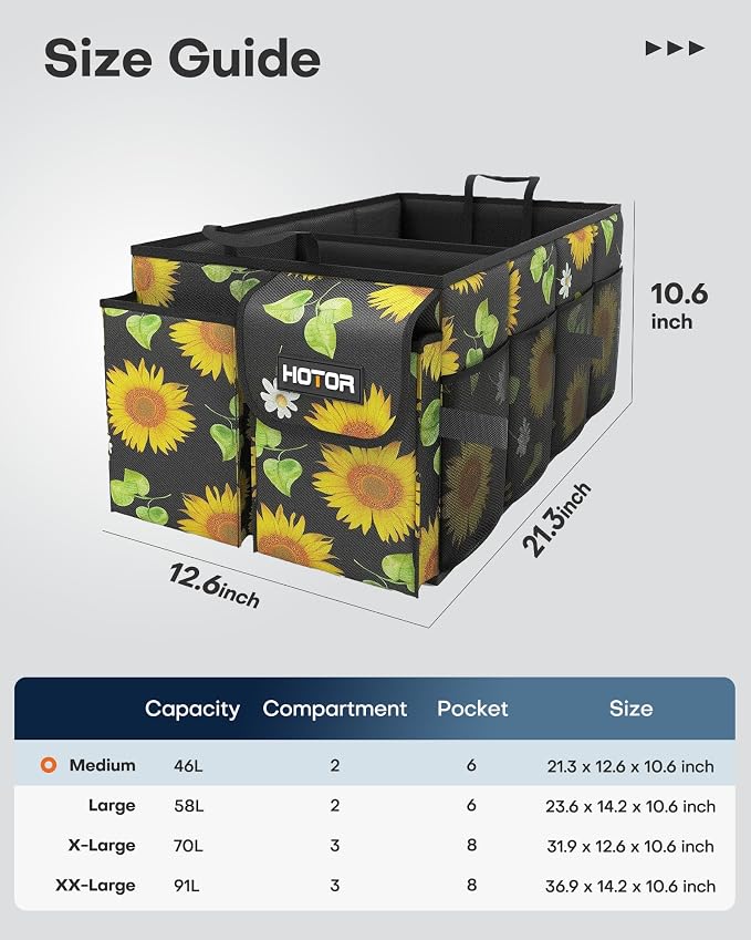 HOTOR Trunk Organizer - Car Organizer, Foldable Trunk organizer for SUVs & Sedans, Sturdy Car Organization for Car Accessories, Tools, Sundries, Sunflower, 2 Compartments, 21.3"×12.6"×10.6" - Image 2