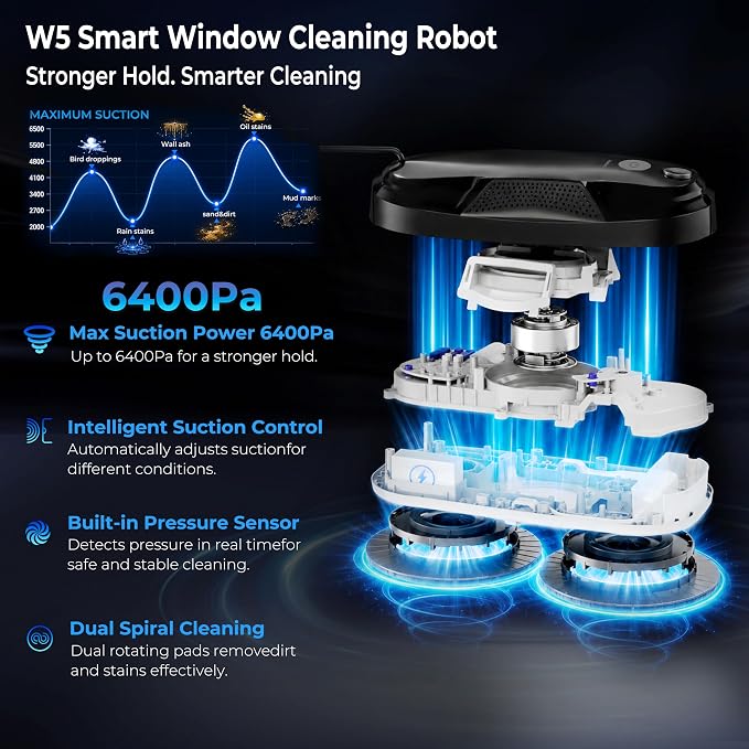 Tosima W5 Window Cleaning Robot, 6400Pa Max Adaptive Suction, Auto-Spray Smart Window Cleaner with Triple Safety System, Intelligent Navigation, Remote Control, for All Smooth Surfaces, Black - Image 4