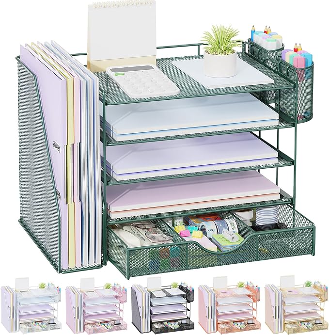 gianotter 5-Tier Desk Organizer with Drawers and File Holders | Letter Trays and Pen Holders - Workspace Accessories for Office Supplies (Green) by gianotter