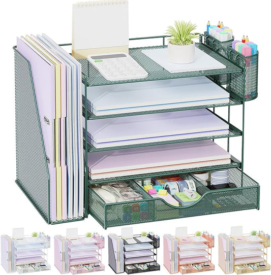 gianotter 5-Tier Desk Organizer with Drawers and File Holders | Letter Trays and Pen Holders - Workspace Accessories for Office Supplies (Green) by gianotter