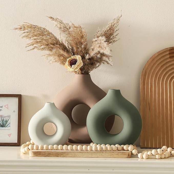 Vanselia Ceramic Vase Home Table Decor - Flower Vases Set of 3 Small Living Room Centerpiece Decorations for Shelf Bedroom Office Kitchen Dining Desk Modern Aesthetic Farmhouse Decorative (Brown) - Image 7