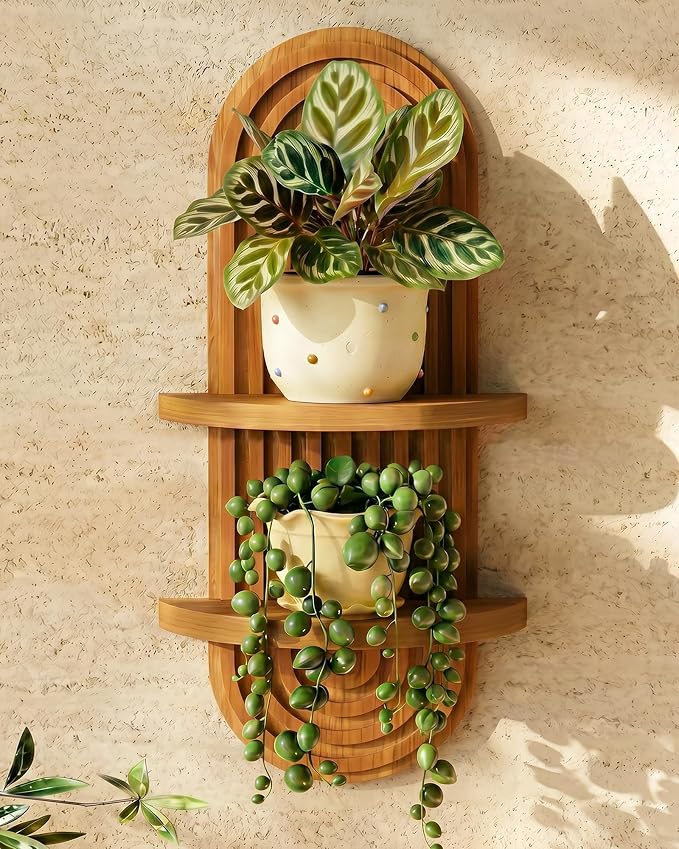 Bamworld Boho Wall Decor Brown Plant Wall Shelf Mid Century Modern Decor Hanging Plant Shelf 22in 2 Tier Wooden Floating Shelves Brown by Bamworld