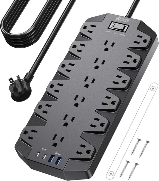 Power Strips with Surge Protection 10 FT, SUPERDANNY 18 AC Outlets and 4 USB Ports, Flat Plug Heavy Duty Extension Cord, 1875W/15A, 2100 Joules for Home, Office, Dorm, Black by SUPERDANNY