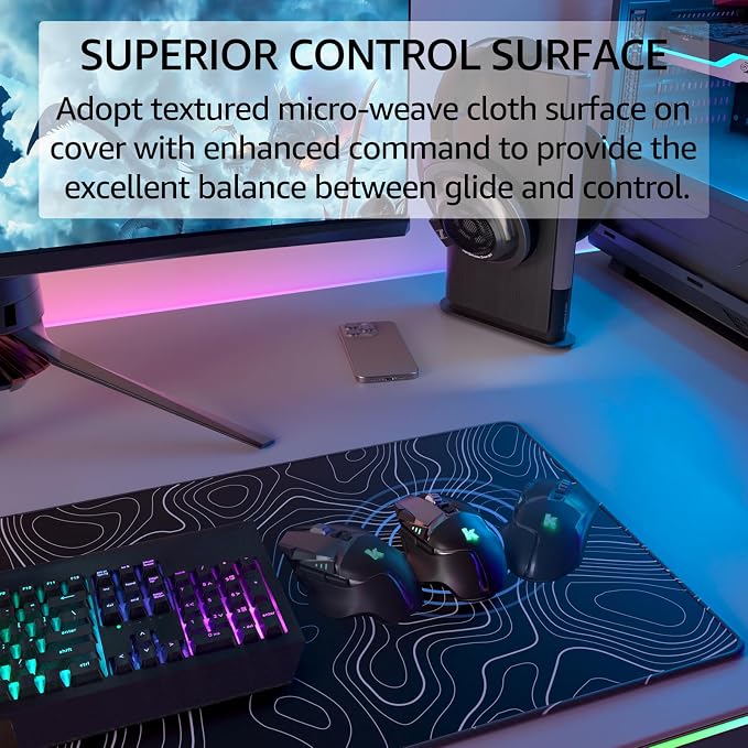 KTRIO Large Gaming Mouse Pad, Desk Mat, 31.5 x 11.8 in, Black Topographic, XL - Image 2