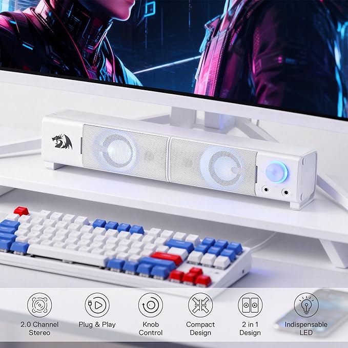 Redragon GS550 PC Gaming Speakers 2.0 Channel Stereo Enhanced Sound, White | Compact Maneuverable Size, Headphone Jack, Decent Red Backlight, Plug & Play USB Powered Desktop Computer Speaker - Image 2