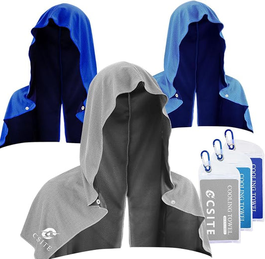 CSITE 3 Pack Cooling Hoodie Towels for Neck and Face, UPF 50 Sun Protection & Instant Cooling, Ice Towels for Hot Weather, Soft Breathable Towel for Sport, Work Out, Gym, Camping & More Activities by CSITE