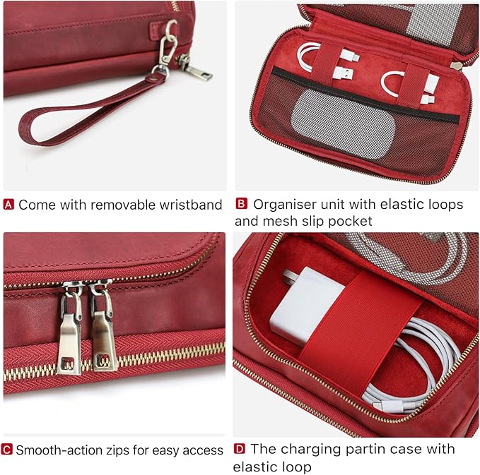 Hiram Handmade Crazy Horse Leather Tech Organizer Travel Case – Accessories Organiser Bag for Laptop, Tablet & Cell Phone, Double Compartment Charger Organizer Travel Case Red - Image 5