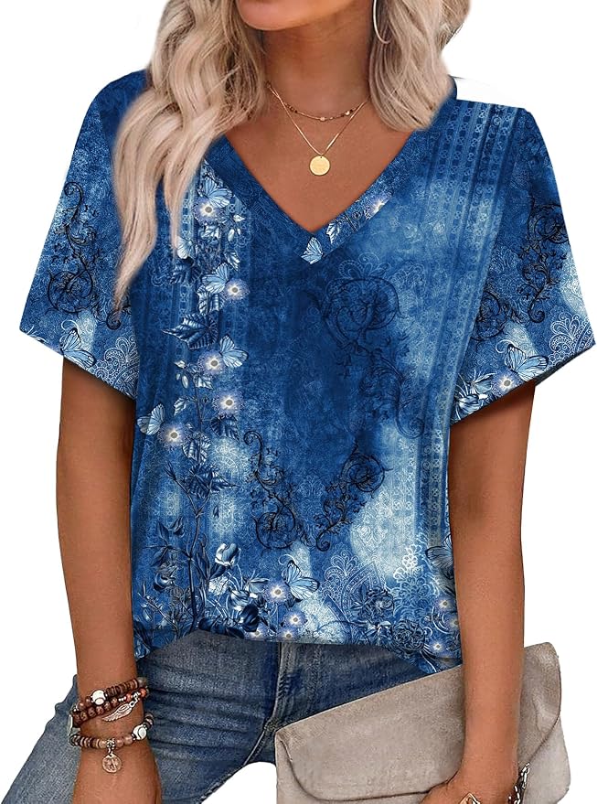 Alaroo Womens Summer Tops 2026 V Neck Short Sleeve Shirts Trendy Dressy Casual Vacation Outfits Printed by Alaroo