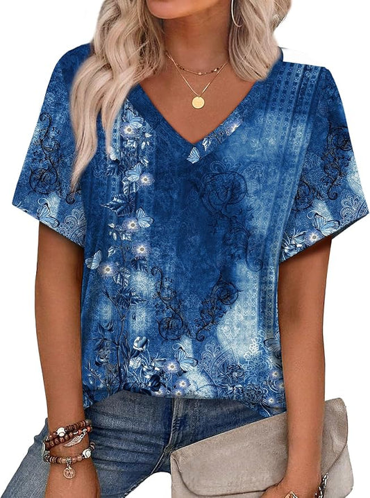 Alaroo Womens Summer Tops 2026 V Neck Short Sleeve Shirts Trendy Dressy Casual Vacation Outfits Printed by Alaroo