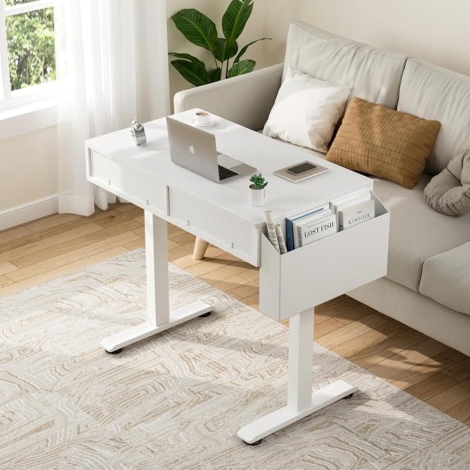 KLUVIS Electric Standing Desk with Drawers, 32 Inch White Small Height Adjustable Sit Stand Desk with Storage for Small Space Home Office Bedroom, Study Writing Stand up Computer Desks for Girls Work - Image 2