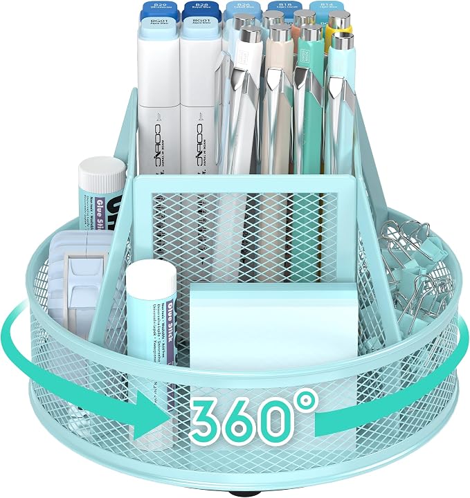 YINGHUA Metal Mesh Desk Organizer with 5 Compartments and Rotating Pencil Holder Pen and Stationery Organizer for Office Home School Anti Slip Base Blue by YINGHUA