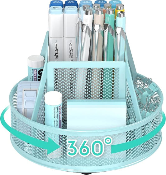 YINGHUA Metal Mesh Desk Organizer with 5 Compartments and Rotating Pencil Holder Pen and Stationery Organizer for Office Home School Anti Slip Base Blue by YINGHUA