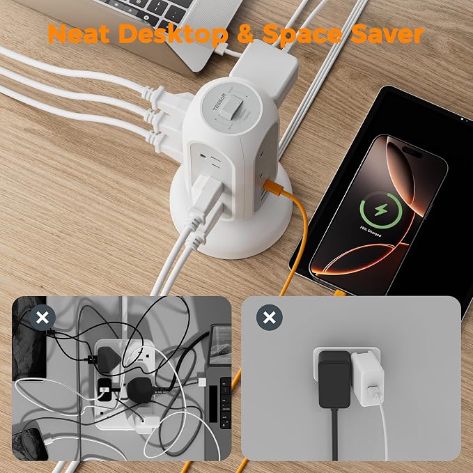 TESSAN Tower Power Strip Flat Plug with 1050J Surge Protection, 5 Ft, Grey | 11 Outlets 3 USB (1 USB C), Surge Protector Power Tower, Retractable Extension Cord with Multiple Outlets for Dorm, Office - Image 8