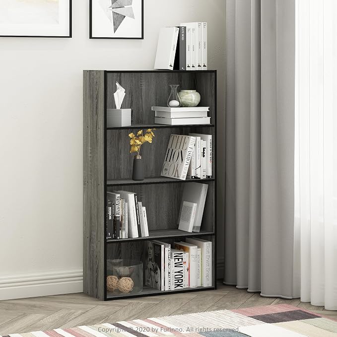Furinno PASIR Book Shelf, 4-Tier Bookshelf, Bookcase with Open Shelf, 9.4 x 23.6 x 41.7, for Living Room, Bedroom, Home Office, French Oak - Image 2