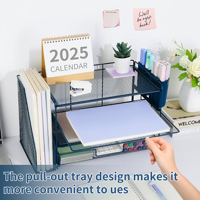 OPNICE Desk Organizer, 4-Tier Desktop File Organizer with Drawer and Pen Holders, Office Desk Accessories, File Sorters, Workspace Organizers for Office Supplies(Dark Blue) - Image 6