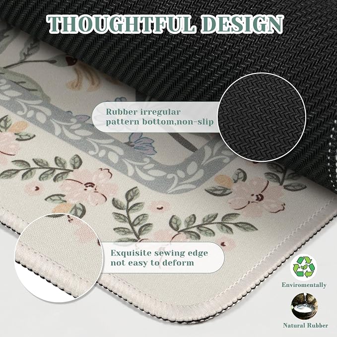 iCasso Aesthetic Mouse pad,23.6x13.7 Desk Pad Mat, Gray Floral | Desk Matt for Desktop, Anti-Slip Mousepad with Stitched Edges for Laptop Computer Keyboard - Image 4