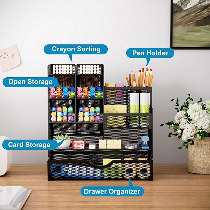 Marbrasse Mesh Pen Holder for Desk, Multi-Functional Pencil Organizer with Drawer, Desk Organizers and Accessories for Office Art Supplies (Black) - Image 2