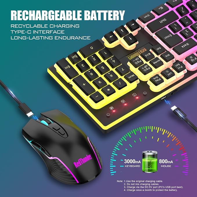 RedThunder K10 Wireless Gaming Keyboard and Mouse Combo, RGB Backlit Rechargeable 3800mAh Battery, Mechanical Feel Anti-ghosting Keyboard with Pudding Keycaps + 7D 3200DPI Mice for PC Gamer (Black) - Image 4