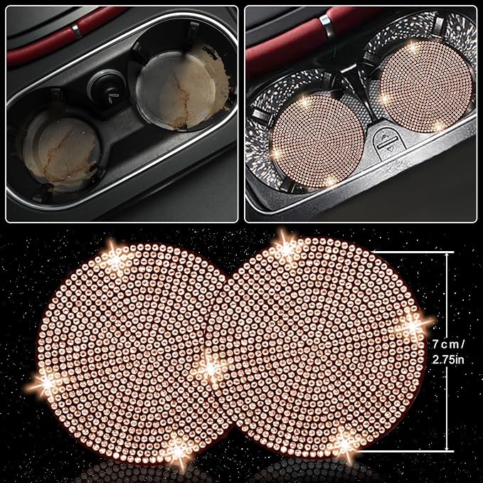 NBTEPEM 27 PCs Gold Champagne Bling Car Accessories Set for Women, Steering Wheel Covers Universal Fit 15 Inch, Bling License Plate Frame, Bling Phone Holder, Bling Car Coasters - Image 7