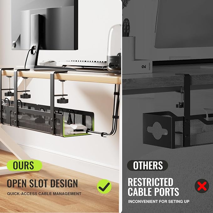 [Upgraded] 2 Pack Cable Management Under Desk Tray, Xpatee 27.6" No Drill Open Slots Cable Management Tray, Cord Wire Organizer Box with Clamp for Table Thickness up to 3" - No Desk Damage(Black) - Image 3