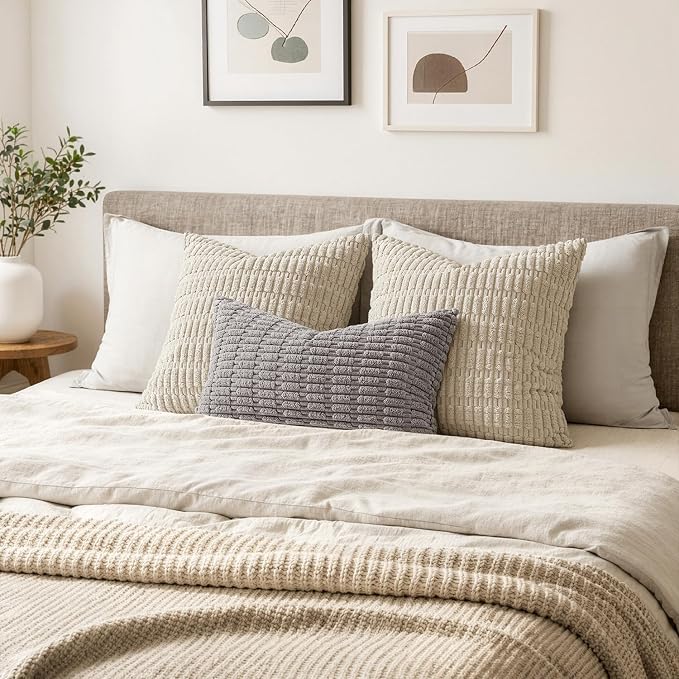 MIULEE Pack of 2 Corduroy Decorative Lumbar Throw Pillow Covers 20x12 Inch Soft Boho Striped Pillow Covers Modern Farmhouse Home Decor for Sofa Living Room Couch Bed Light Grey - Image 3