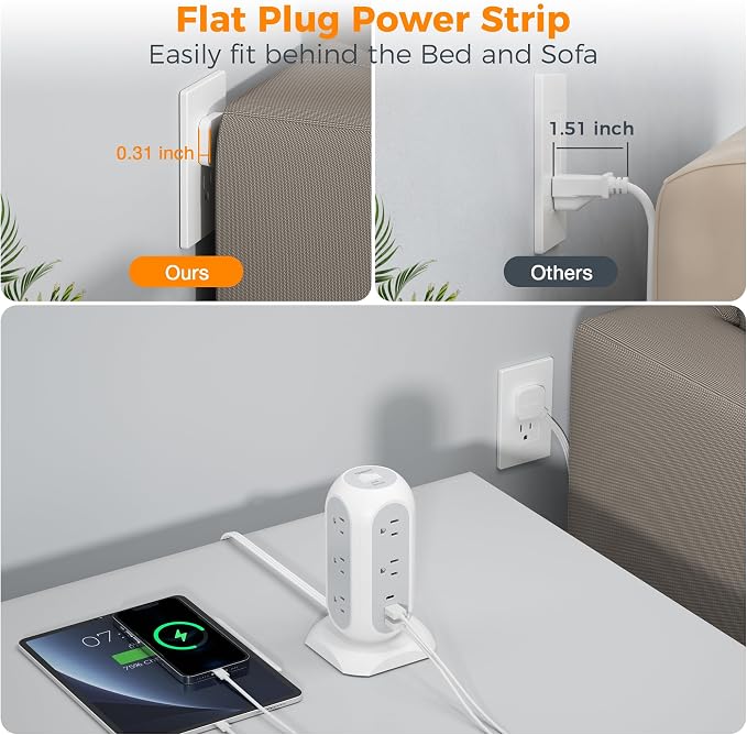 TESSAN Tower Power Strip Flat Plug with 1050J Surge Protection, 6 Ft, Grey | 11 Outlets 3 USB (1 USB C), Surge Protector Power Tower, Extension Cord with Multiple Outlets, Dorm, Office Desk Supplies - Image 2