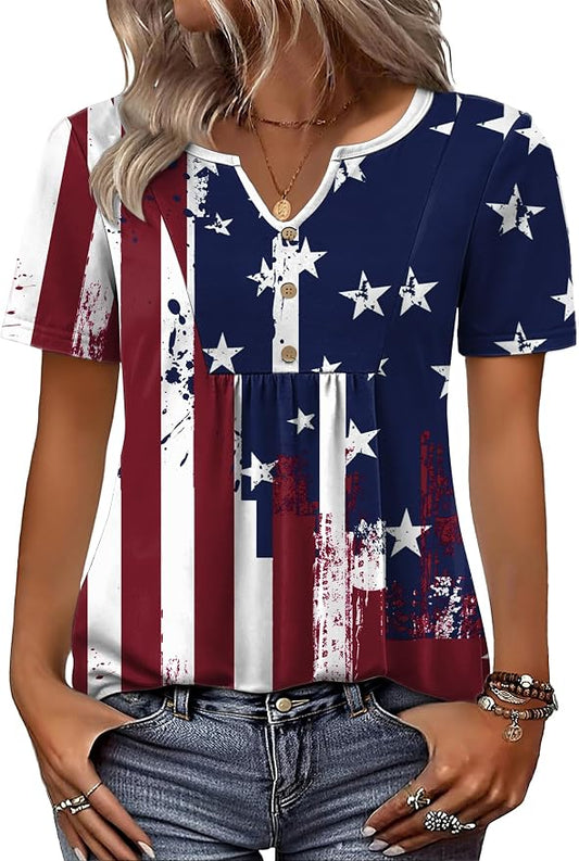 Zeagoo Womens Short Sleeve Tops Summer Henley V-Neck Tshirts Casual Pleated Blouse Dressy Loose Floral Basic Tee by Zeagoo