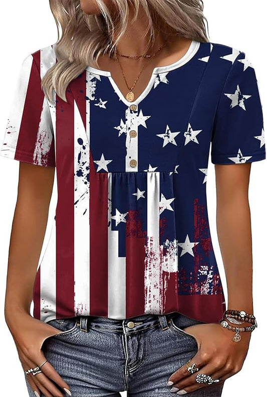 Zeagoo Womens Short Sleeve Tops Summer Henley V-Neck Tshirts Casual Pleated Blouse Dressy Loose Floral Basic Tee by Zeagoo