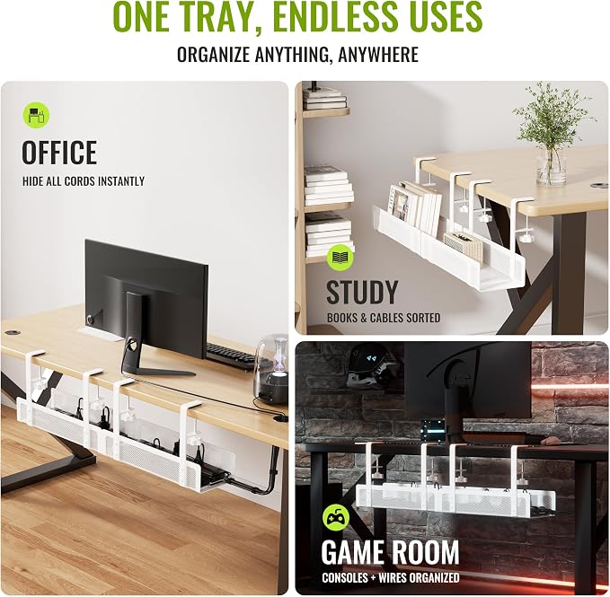 [Upgraded] 2 Pack Cable Management Under Desk Tray, Xpatee 27.6" No Drill Open Slots Cable Management Tray, Cord Wire Organizer Box with Clamp for Table Thickness up to 3" - No Desk Damage(White) - Image 6