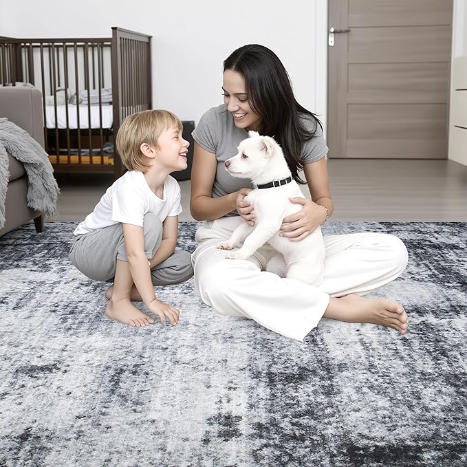 4x6 Area Rug Living Room Rug: Washable Modern Abstract Soft Thin Rug Indoor Floor No Slip Stain Resistant Carpet for Bedroom Dining Room Farmhouse Nursery Home Office - Dark-Black - Image 7