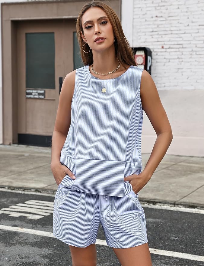 LOMON Women's Trendy 2 Piece Outfits Shorts Sets Summer Crew Neck Sleeveless Tank Top and Bottom Matching with Pockets 2026 - Image 6