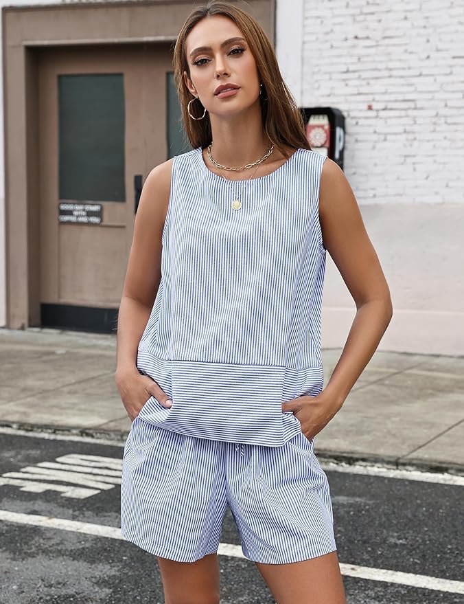 LOMON Women's Trendy 2 Piece Outfits Shorts Sets Summer Crew Neck Sleeveless Tank Top and Bottom Matching with Pockets 2026 - Image 6
