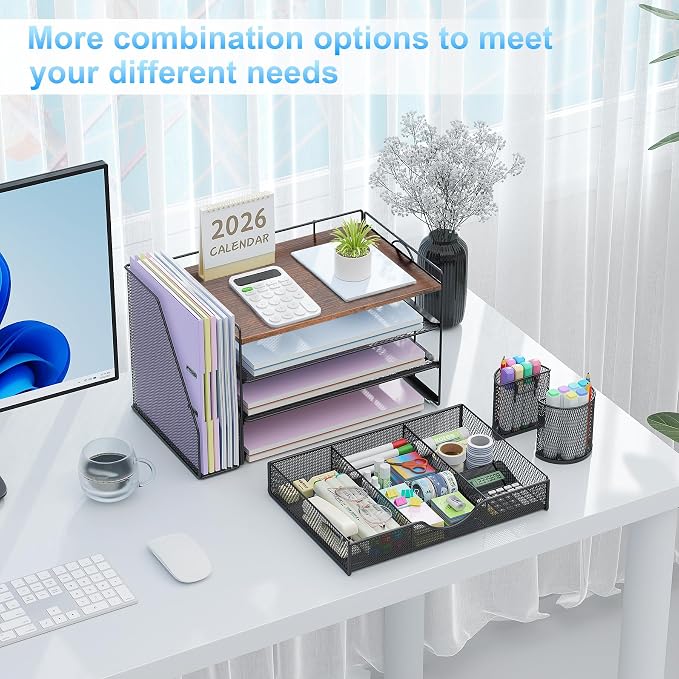 gianotter Desk Organizers and Accessories with File Holder, 4-Tier Desk Accessories & Workspace Organizers with Drawer and 2 Pen Holder, Paper Organizer for Office Supplies (Wood) - Image 3
